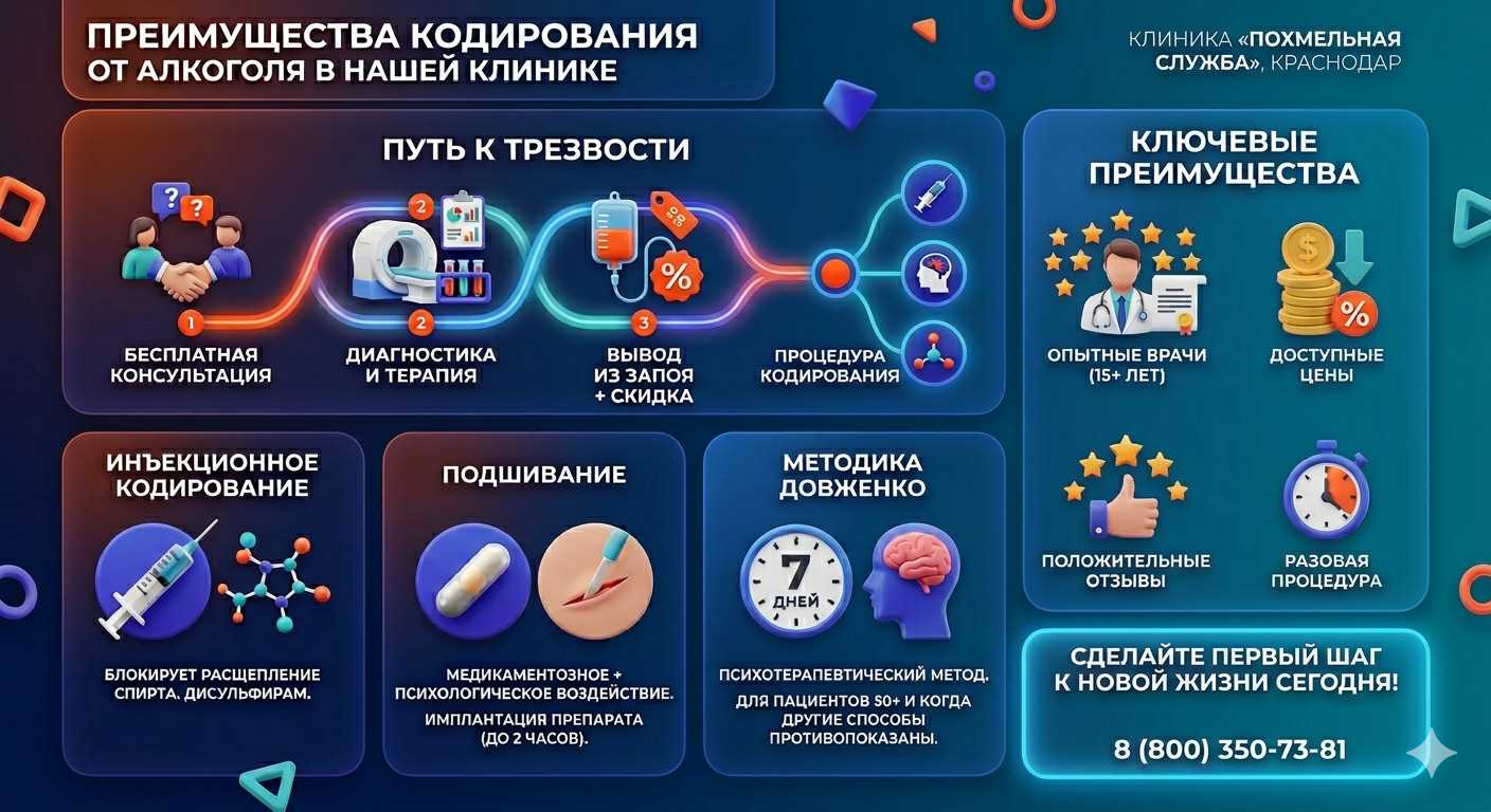 Инфографика о методах кодирования от алкоголя в Небуге: инъекции, подшивание, метод Довженко. Преимущества клиники и этапы лечения.