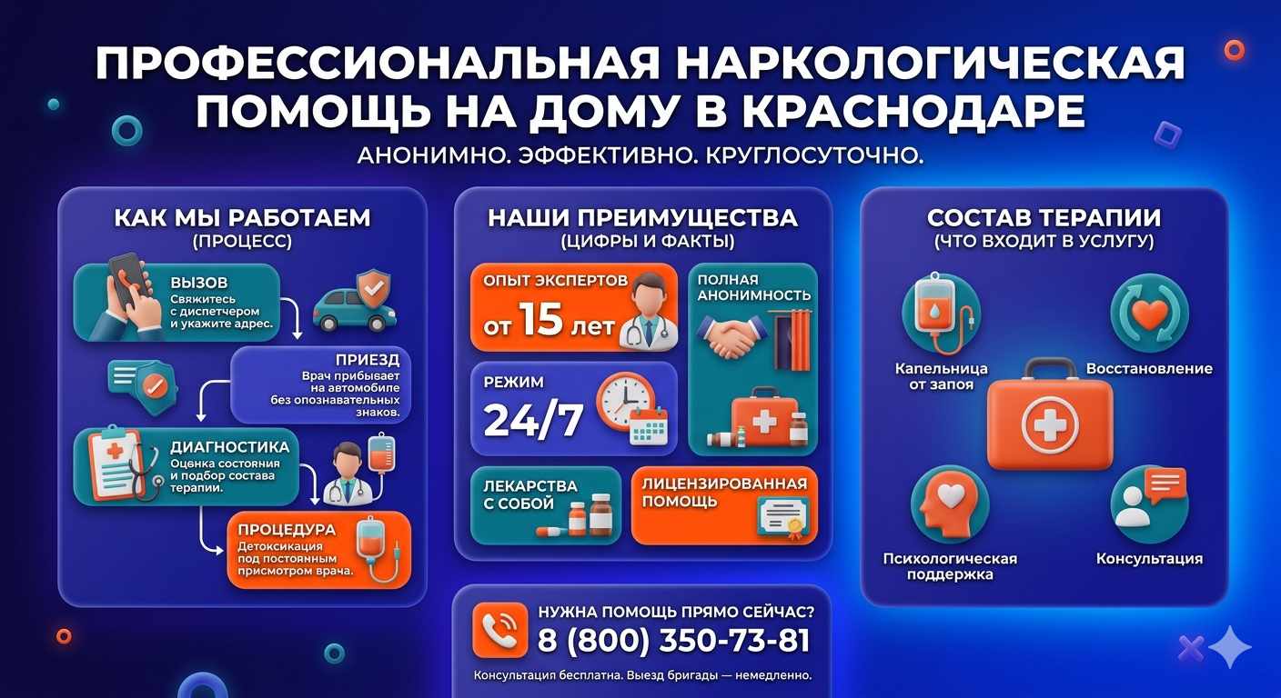 Инфографика о принципах лечения алкоголизма на дому в Небуге: этапы вызова нарколога, преимущества анонимной детоксикации и состав медицинской помощи.